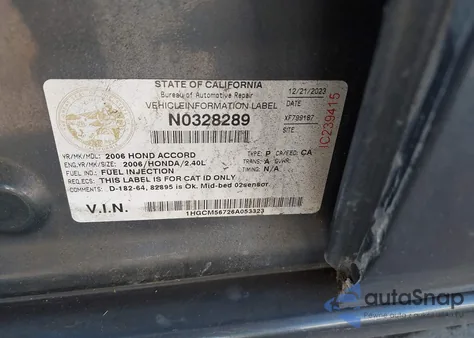 2006 Honda Accord 2.4 Ex from USA, damaged, VIN 1HGCM56726A053323